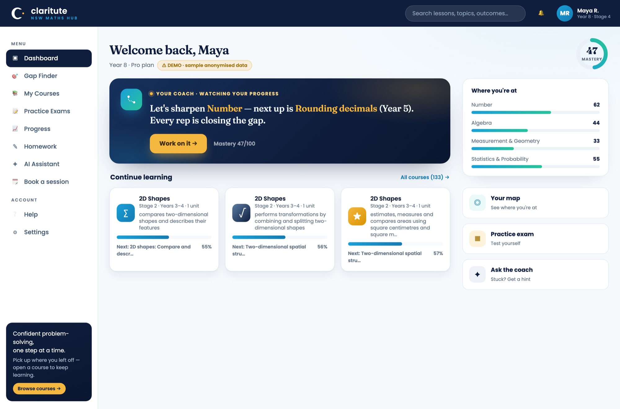 Claritute student dashboard with the AI coach and mastery rings